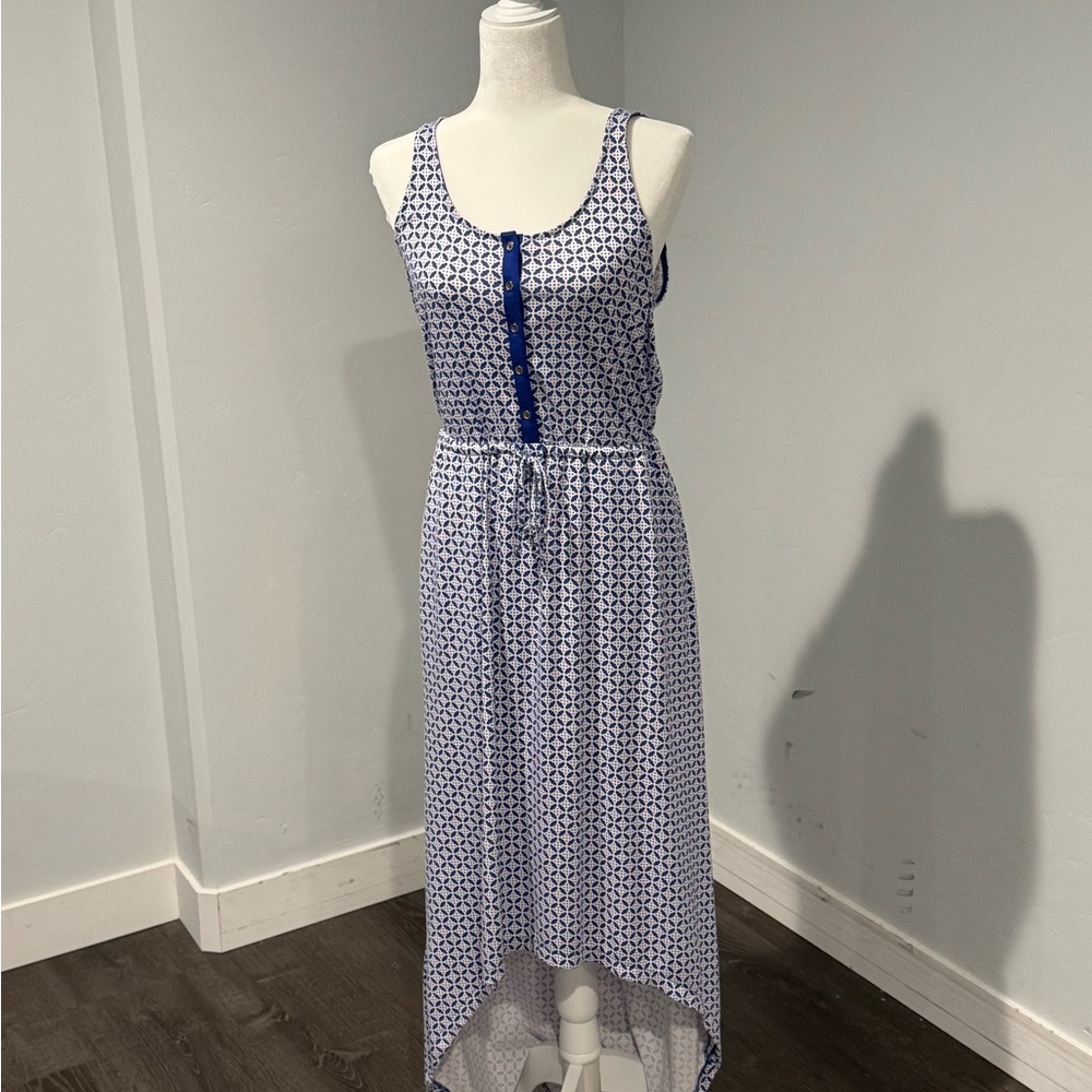 Vacation GAP Vintage Chic Blue Patterned Sleeveless Dress with gold buttons